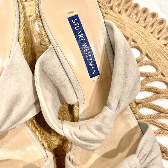 Stuart Weitzman Sarina Grey Suede Knotted Espadrille Wedge Sandals 7 Heeled - Picture 4 of 12